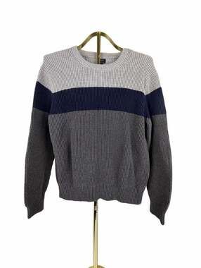 J.Crew Men's Medium Colorblock Waffle Knit Cotton Sweater Grey Blue Striped